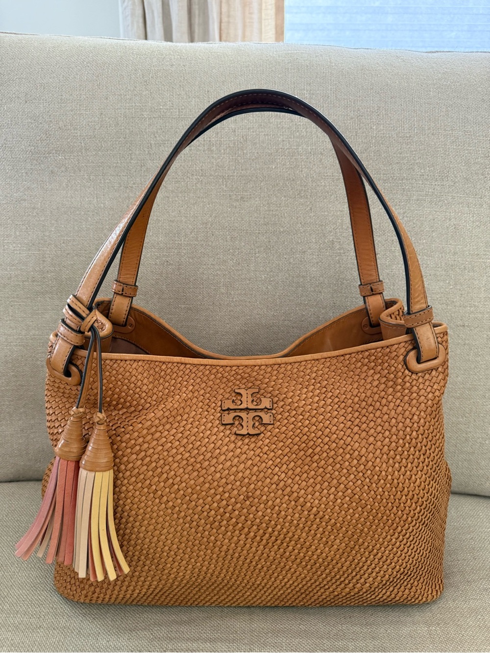 Tory Burch Tan Woven Leather Satchel with Pink & Cream Tassels - Picture 1 of 8